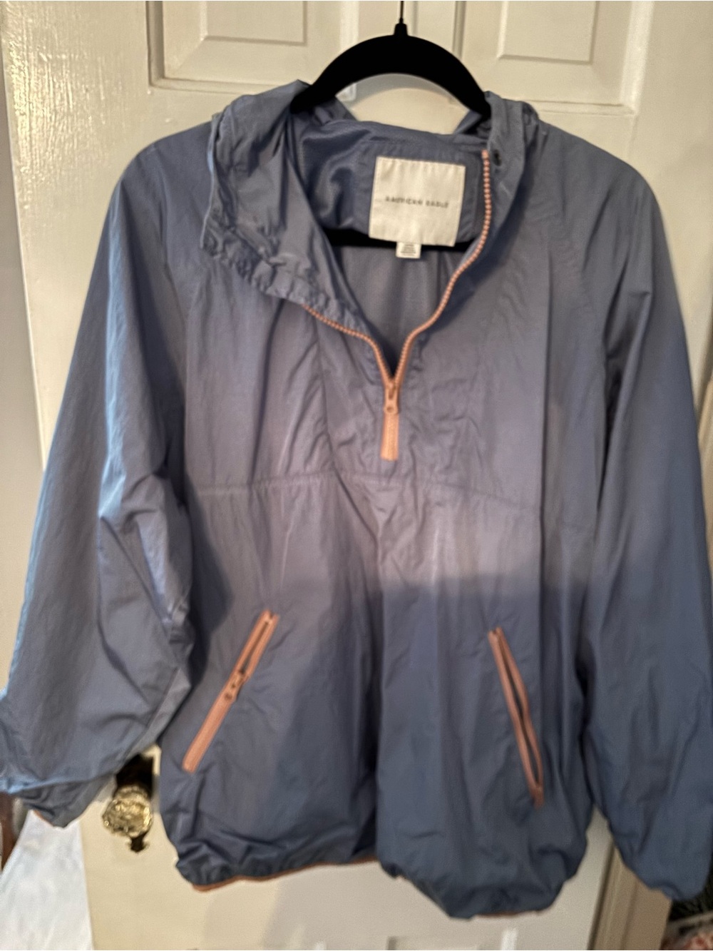 American Eagle Outfitters Blue Pullover Hooded Jacket with Tan Trim